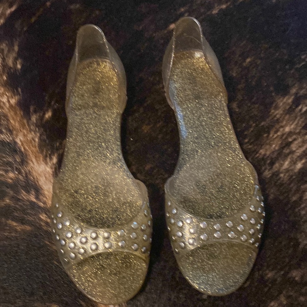 Jimmy Choo rubber clear and gold sparkle sandal with stud detailing size 39